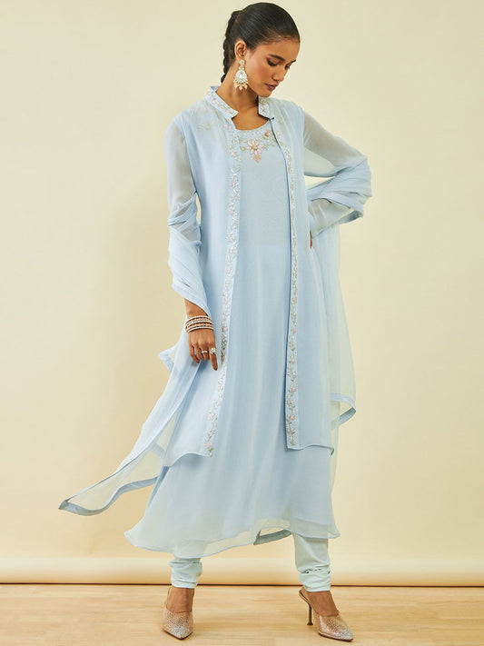 Dhiyona SO Women's Ethnic Motifs Embroidered Round Neck A-Line Kurta With Churidar & Dupatta & Jacket