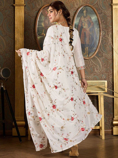 Dhiyona IE Floral Yoke Design Thread Work Straight Kurta With Trousers And Dupatta