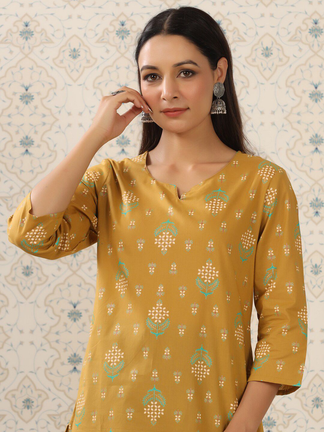 Dhiyona OD  Mustard Yellow & Teal Printed Pure Cotton Kurta with Palazzos