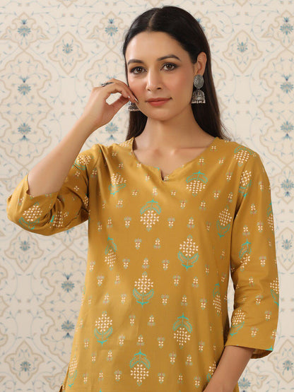 Dhiyona OD  Mustard Yellow & Teal Printed Pure Cotton Kurta with Palazzos