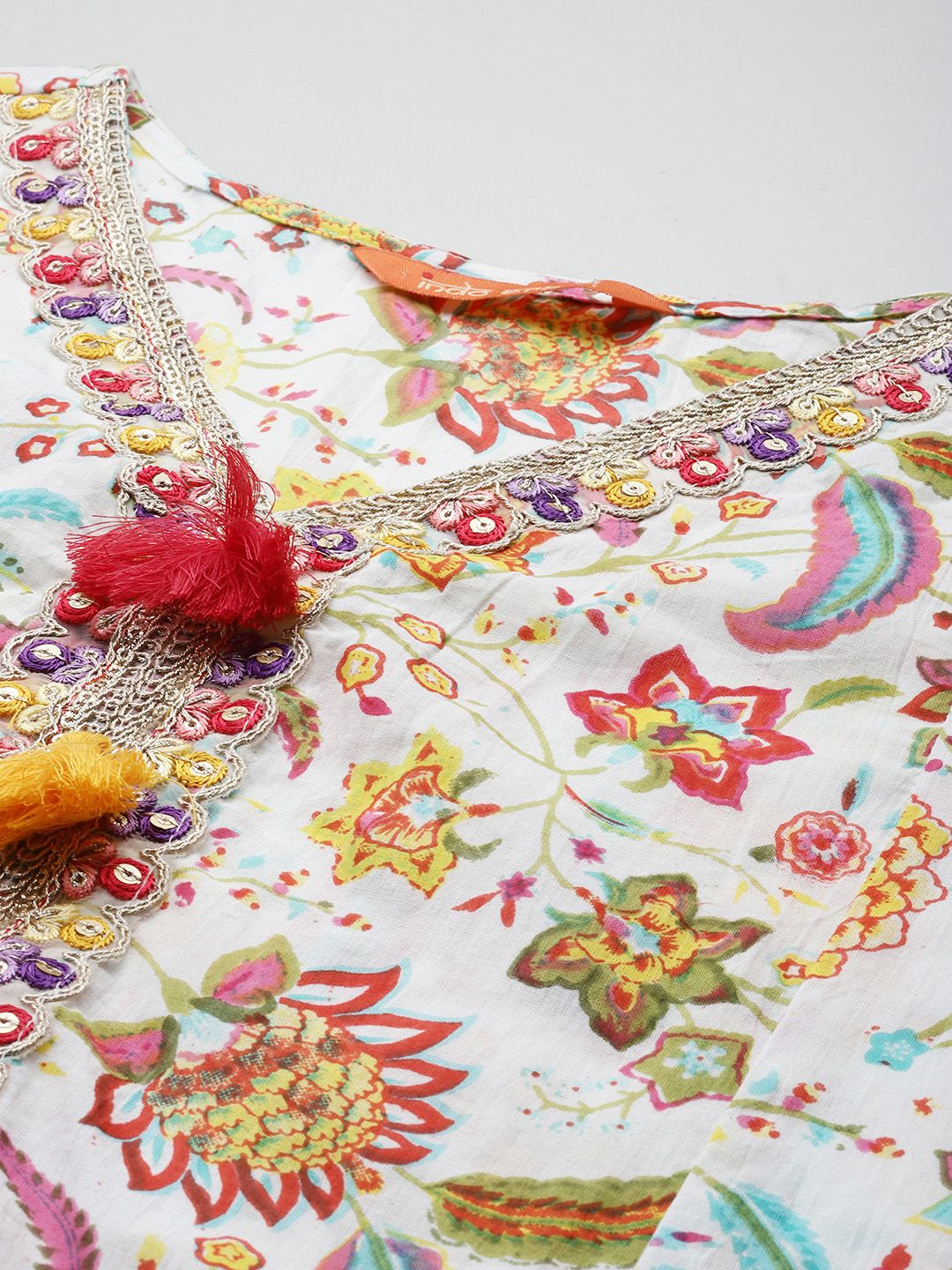 Floral Printed Sequinned Pure Cotton Kurta With Trousers & Dupatta