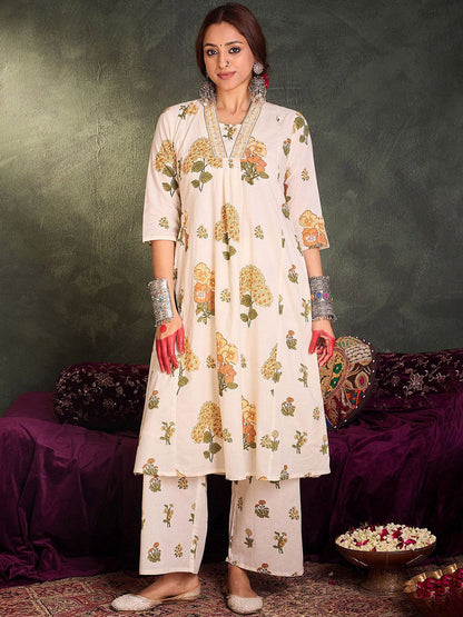 Dhiyona IE Floral Printed Pure Cotton A-Line Tunic With Palazzo