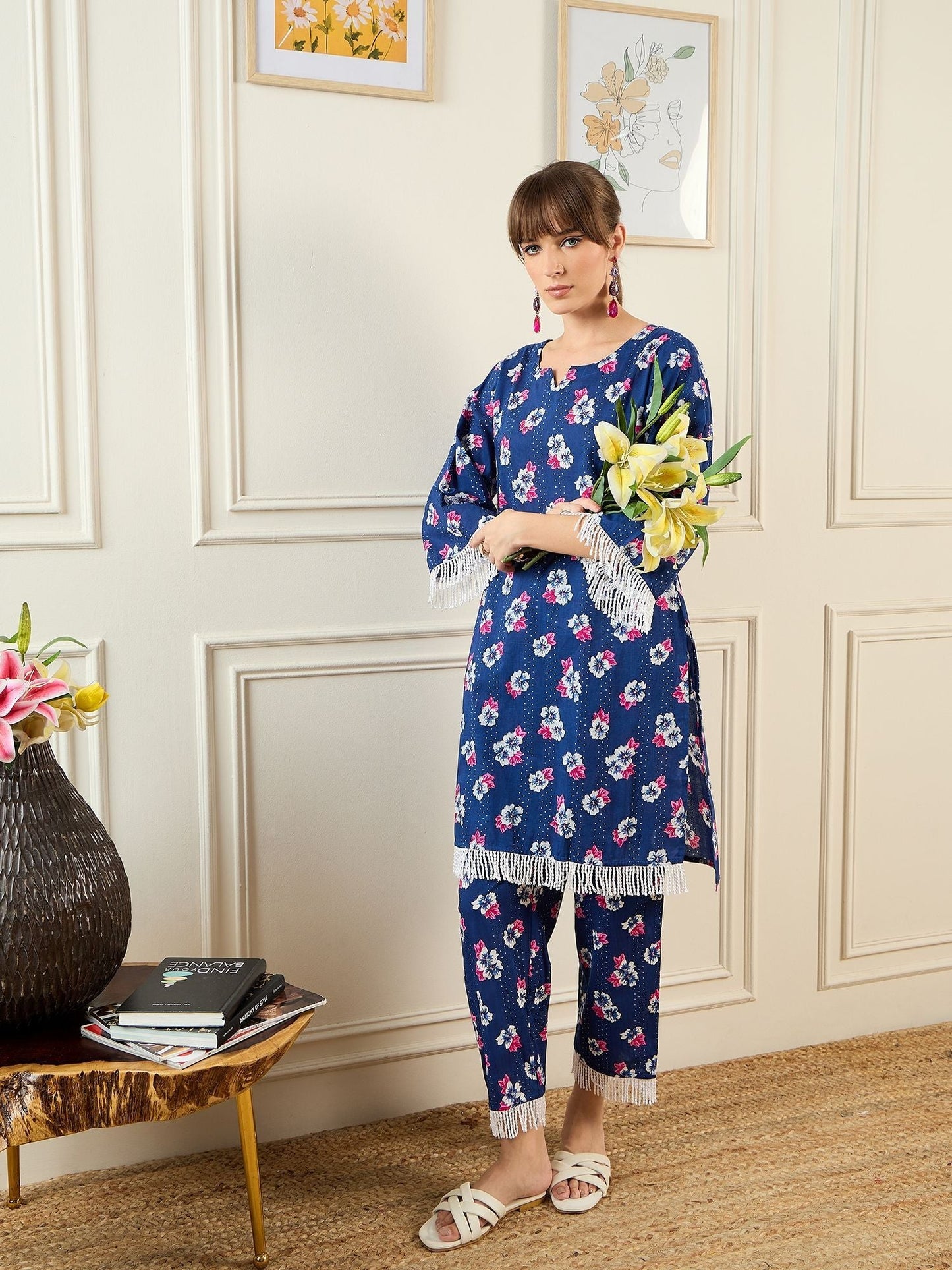 Dhiyona IE Floral Printed Pure Cotton Notch Neck Straight Kurta With Trousers