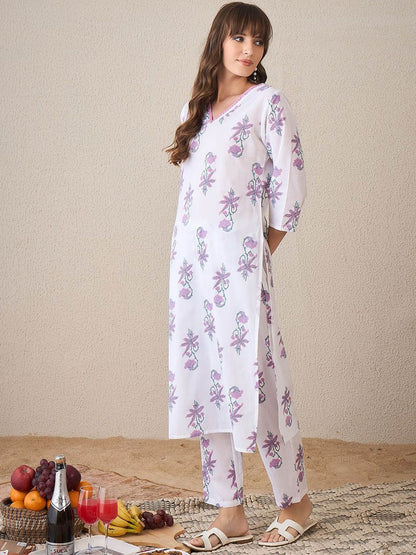 Dhiyona IE Printed V-Neck Pure Cotton Tunic With Trouser