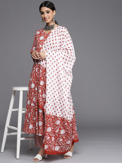 Dhiyona VA Women's Red Ethnic Motifs Printed Pure Cotton Kurta with Trousers & Dupatta