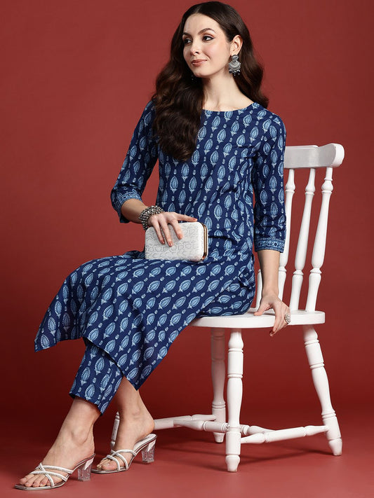 Dhiyona IE Ethnic Motifs Printed Pure Cotton Kurta with Trousers