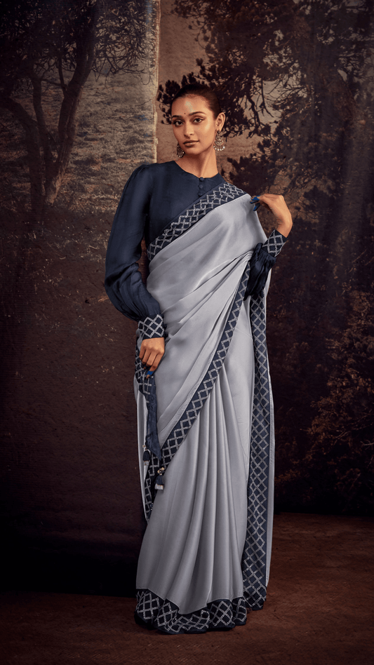 Dhiyona KM Women Moonlit Grace “ Solid Gray Silk Saree