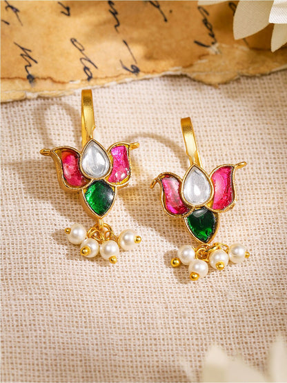 Dhiyona RJ Women's 22K Gold-Plated Ruby, Emerald & Kundan Lotus Motif Minimal Ear Cuff with Pearl Drop