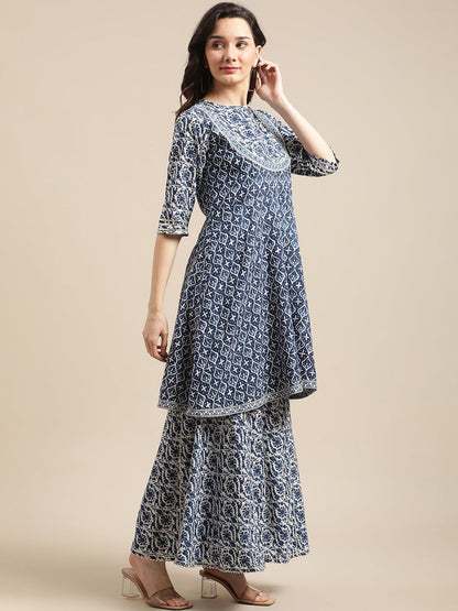Dhiyona VA Women'sBlue & White Floral Printed Flared Kurta Sharara Set