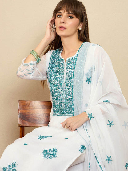 Dhiyona IE Floral Embroidered Thread Work Organza Straight Kurta With Trousers & Dupatta
