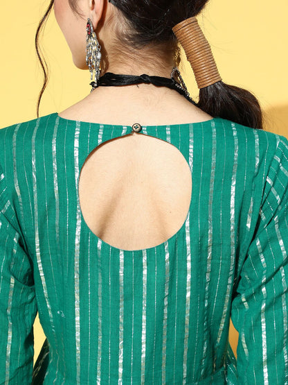 Dhiyona VA Women's Green & Silver Striped Gotta Patti Kurta Set