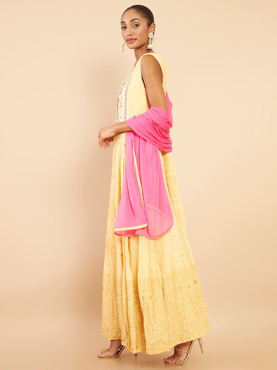 Dhiyona SO Women's Floral Embroidered Angrakha Sequinned Kurta with Churidar & Dupatta