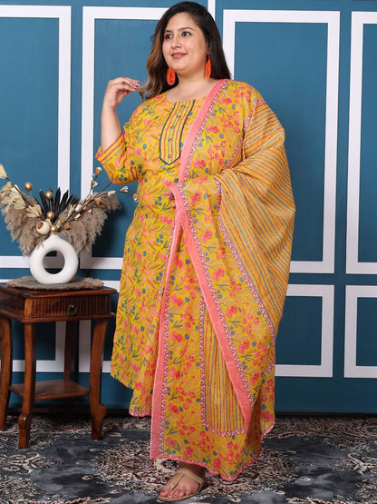 Dhiyona KL Plus Size Floral Printed Pure Cotton Straight Kurta with Palazzos & Dupatta