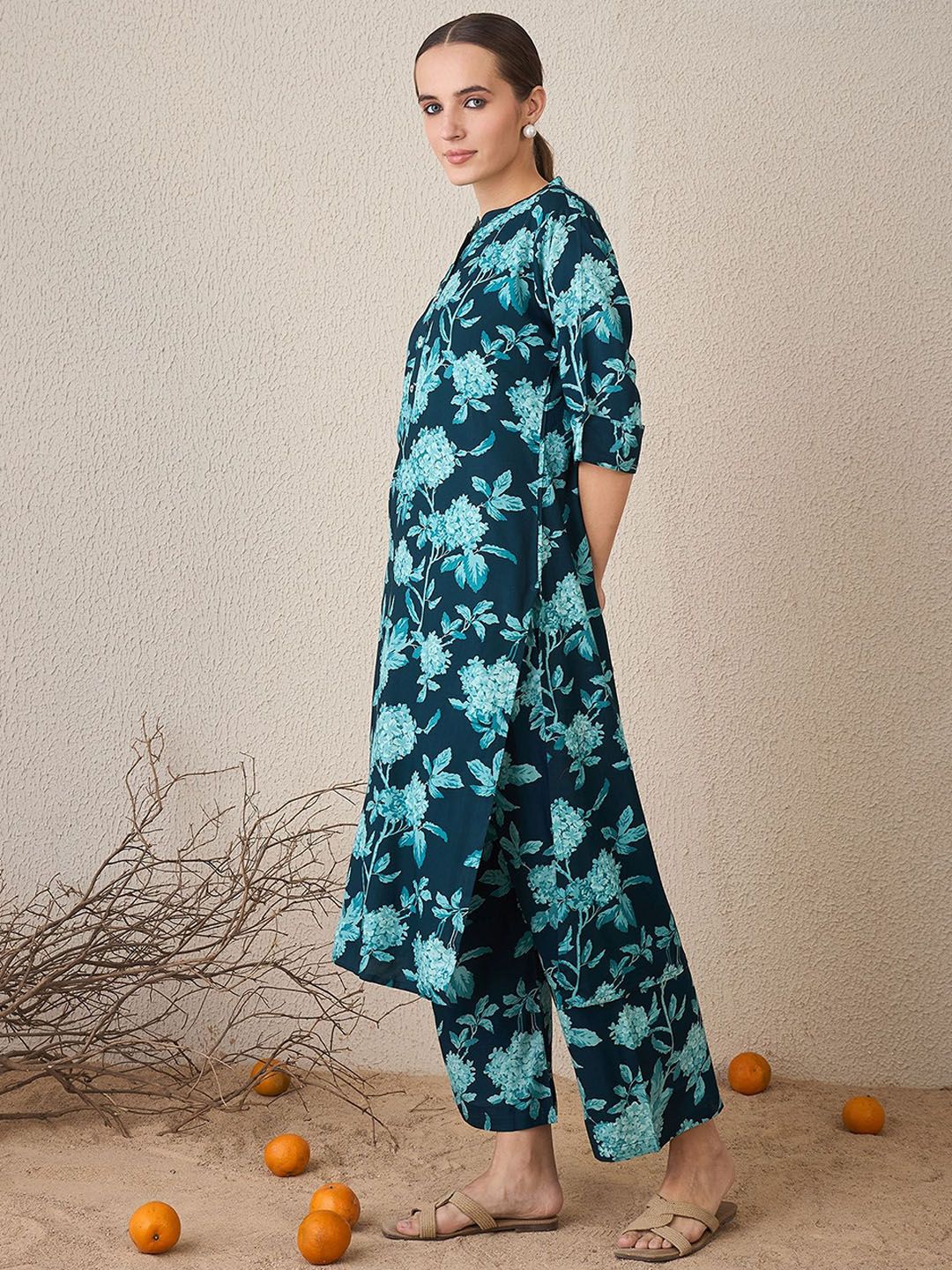 Dhiyona IE Printed Mandarin Collar Tunic With Palazzo