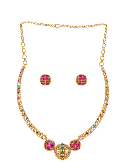 Dhiyona RJ Women's 24K Gold Plated Ruby & Emerald CZ Studded Handcrafted Traditional Jewellery Set