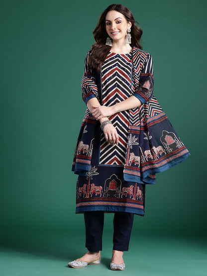 Dhiyona IE Printed Panelled Sequinned Pure Cotton Kurta With Trousers & Dupatta