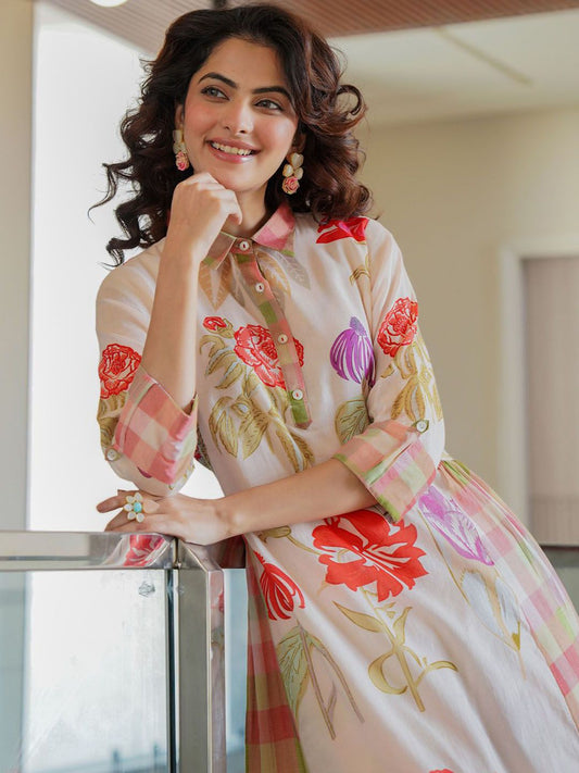 Dhiyona IE Printed Pure Cotton A-Line Tunic & Trousers Co-Ord Set