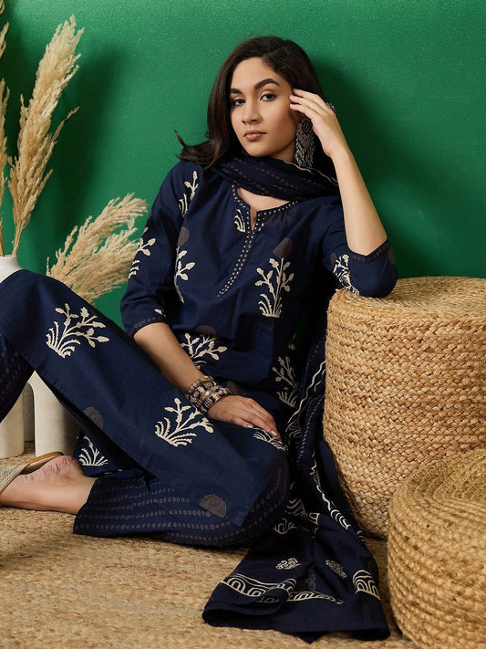 Dhiyona SN Women's Notch Neck Printed Pure Cotton Kurta With Trousers & Dupatta