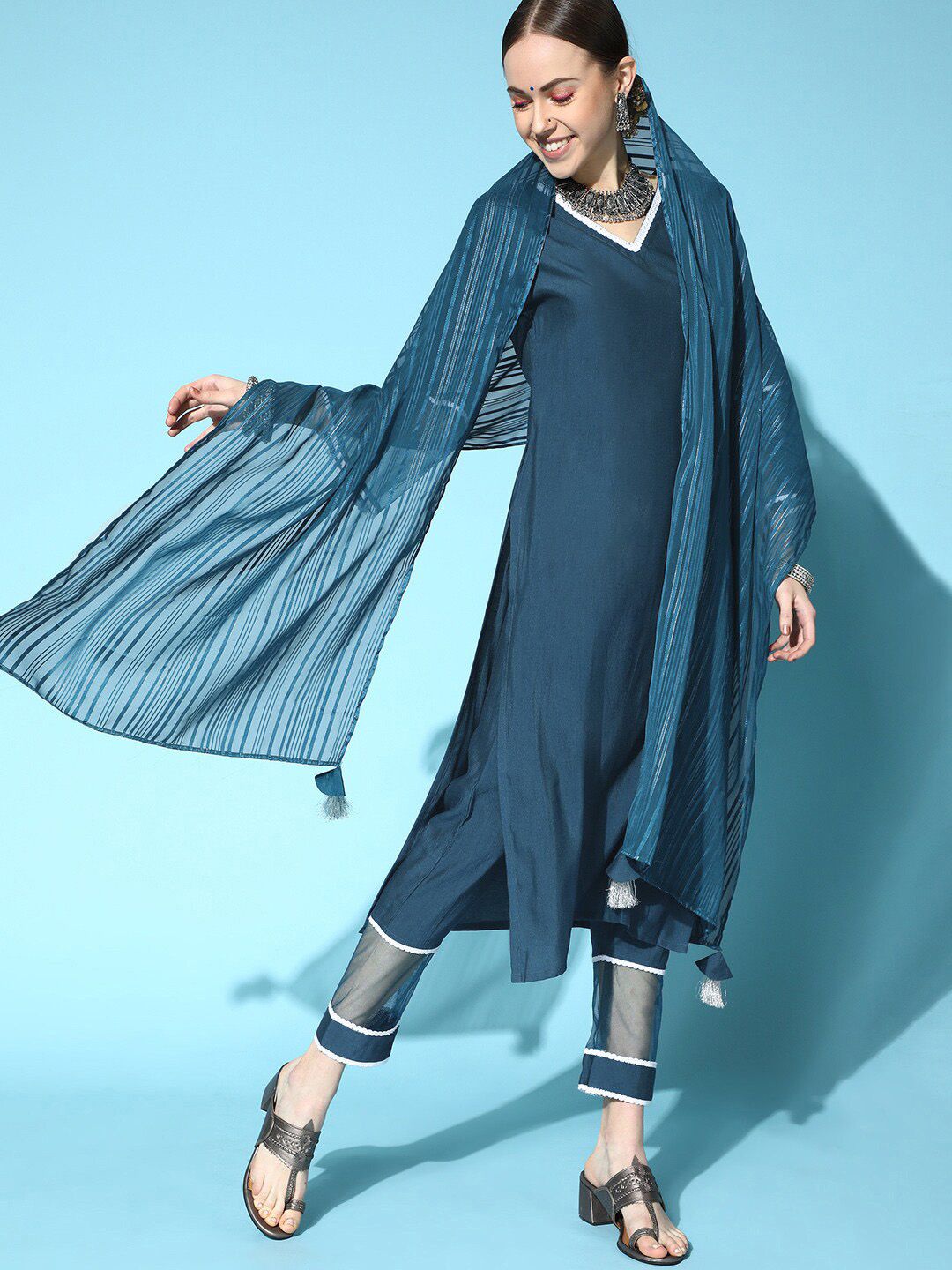 Dhiyona IE V-Neck Kurta with Trousers & Dupatta