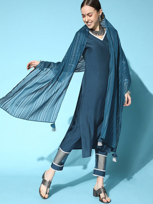 Dhiyona IE V-Neck Kurta with Trousers & Dupatta