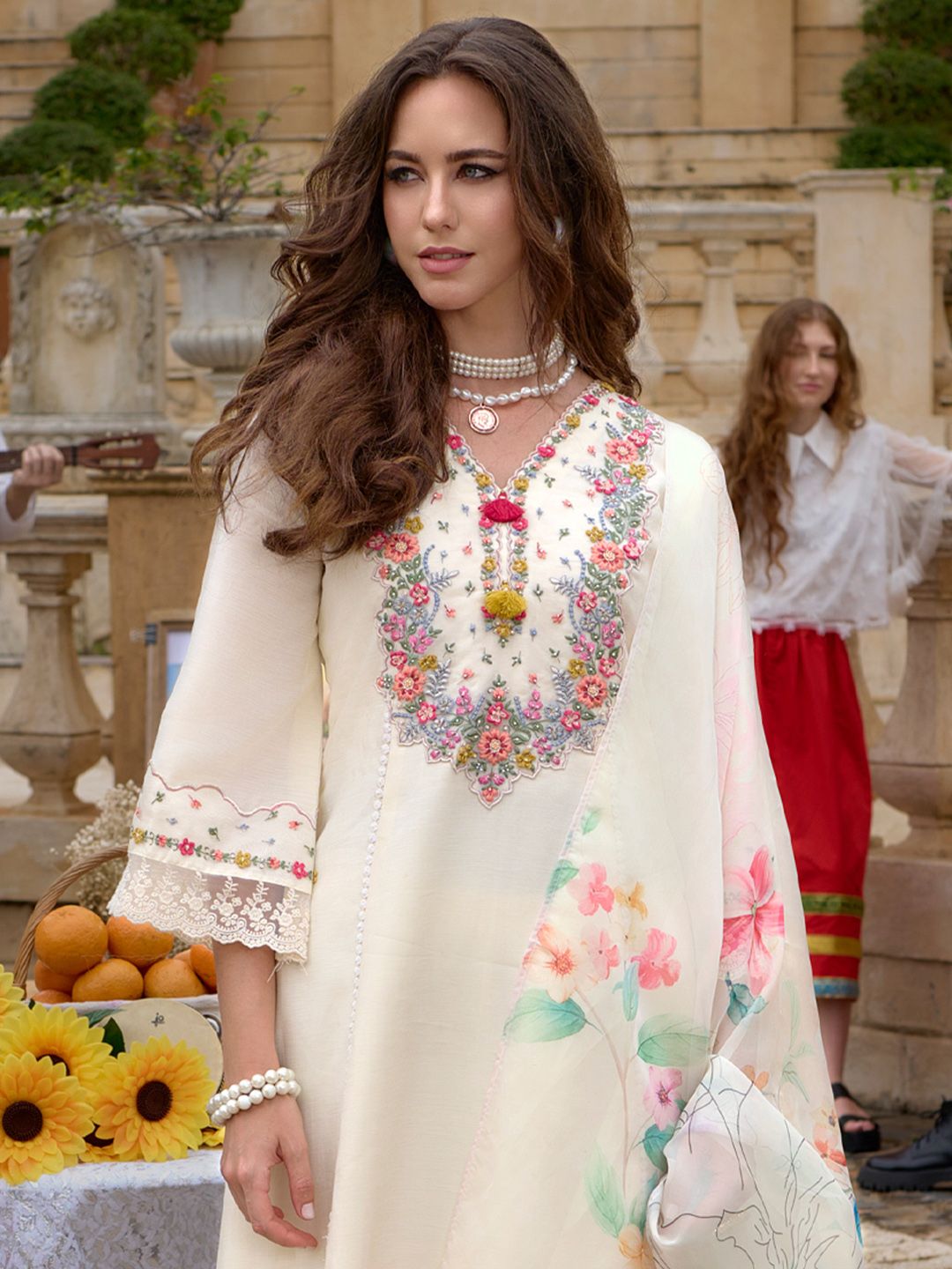 Floral Embroidered Kurta With Trousers & Dupatta