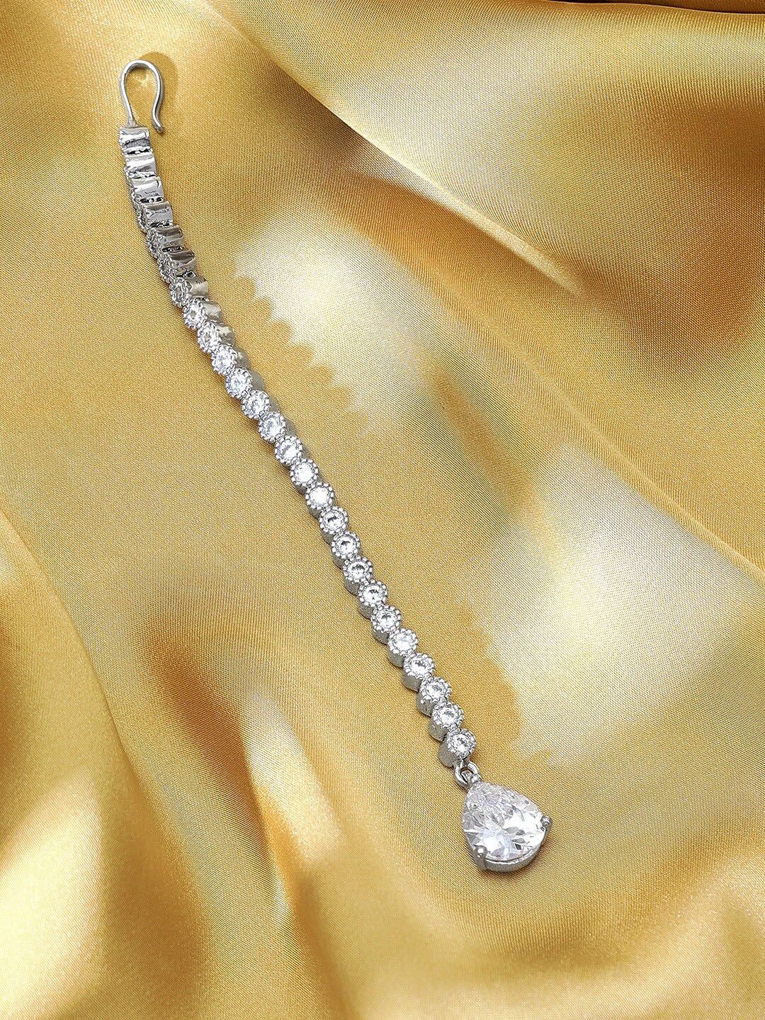 Dhiyona RJ Women's Rhodium-Plated Cubic Zirconia Studded & AD Drop Handcrafted Maang Tikka