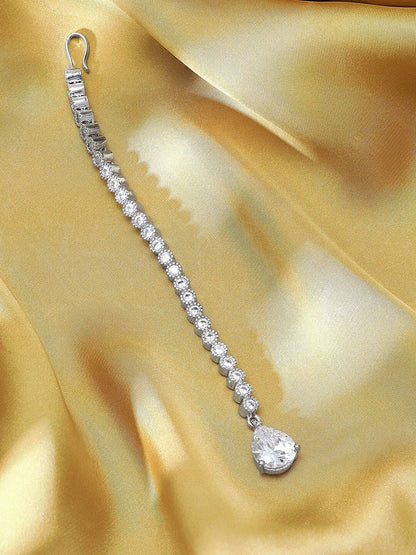 Dhiyona RJ Women's Rhodium-Plated Cubic Zirconia Studded & AD Drop Handcrafted Maang Tikka
