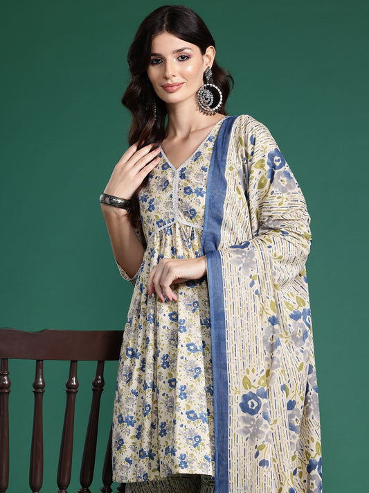 Dhiyona IE Floral Printed Empire Pure Cotton Kurta with Sharara & With Dupatta