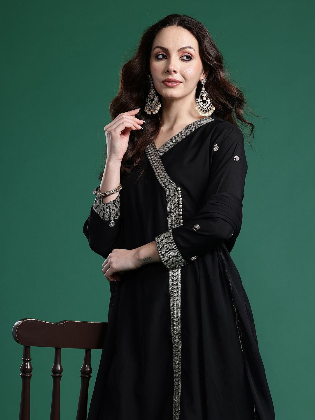 Dhiyona IE Ethnic Motifs Embroidered Angrakha Kurta with Trousers & Dupatta