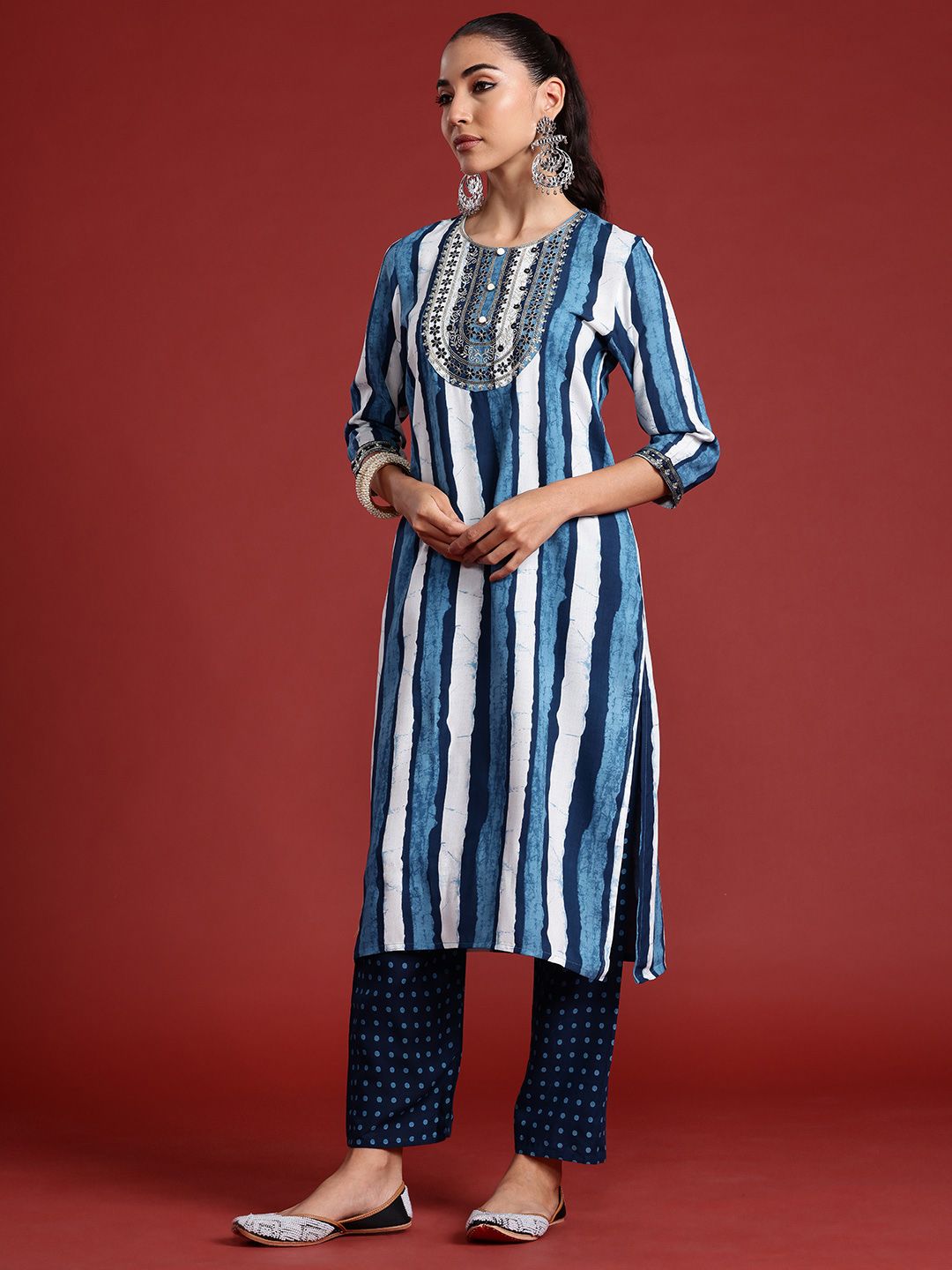 Striped Sequinned Kurta With Trousers & Dupatta