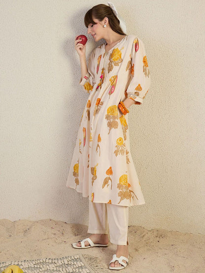 Floral Printed Pleated V-Neck Pure Cotton A-Line Kurta With Trousers