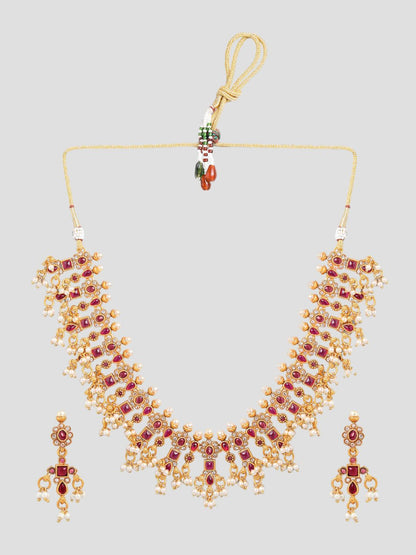 Dhiyona RJ Women's 22K Gold-Plated Ruby Kundan & Cubic Zirconia Studded Necklace Set with Pearl Beads