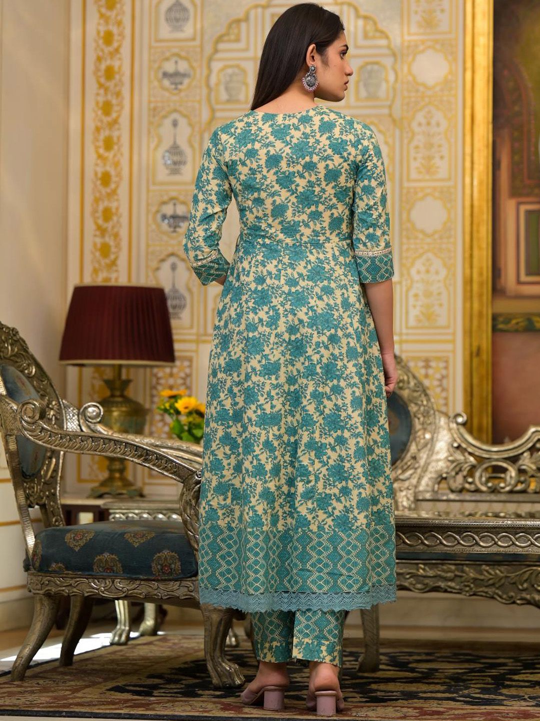 Dhiyona VA Women'sEthnic Motifs Printed Mirror Work Pure Cotton Kurta with Trousers & Dupatta