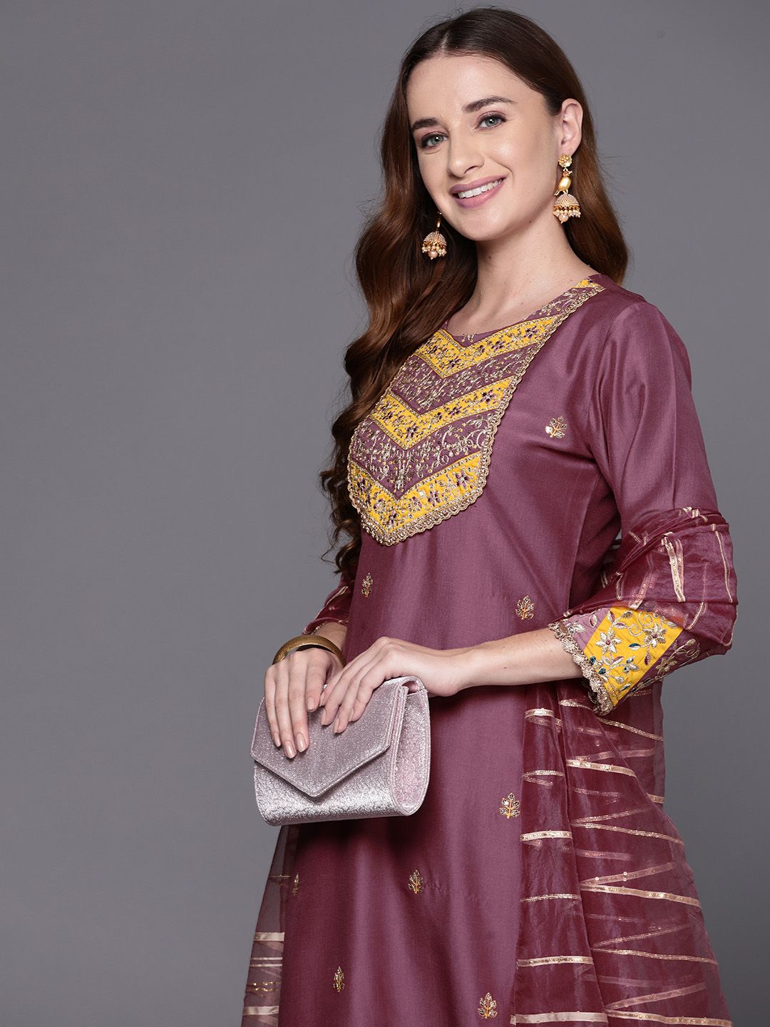 Embroidered Regular Sequinned Kurta with Trousers & Dupatta