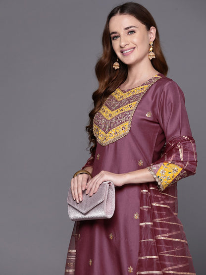Embroidered Regular Sequinned Kurta with Trousers & Dupatta