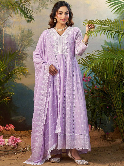 Women Ethnic Motifs Embroidered Cotton Kurta with Trousers & Dupatta