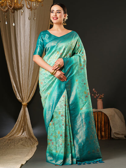 Women's Kanjeevaram Silk Blue Woven Design Celebrity Saree With Blouse Piece