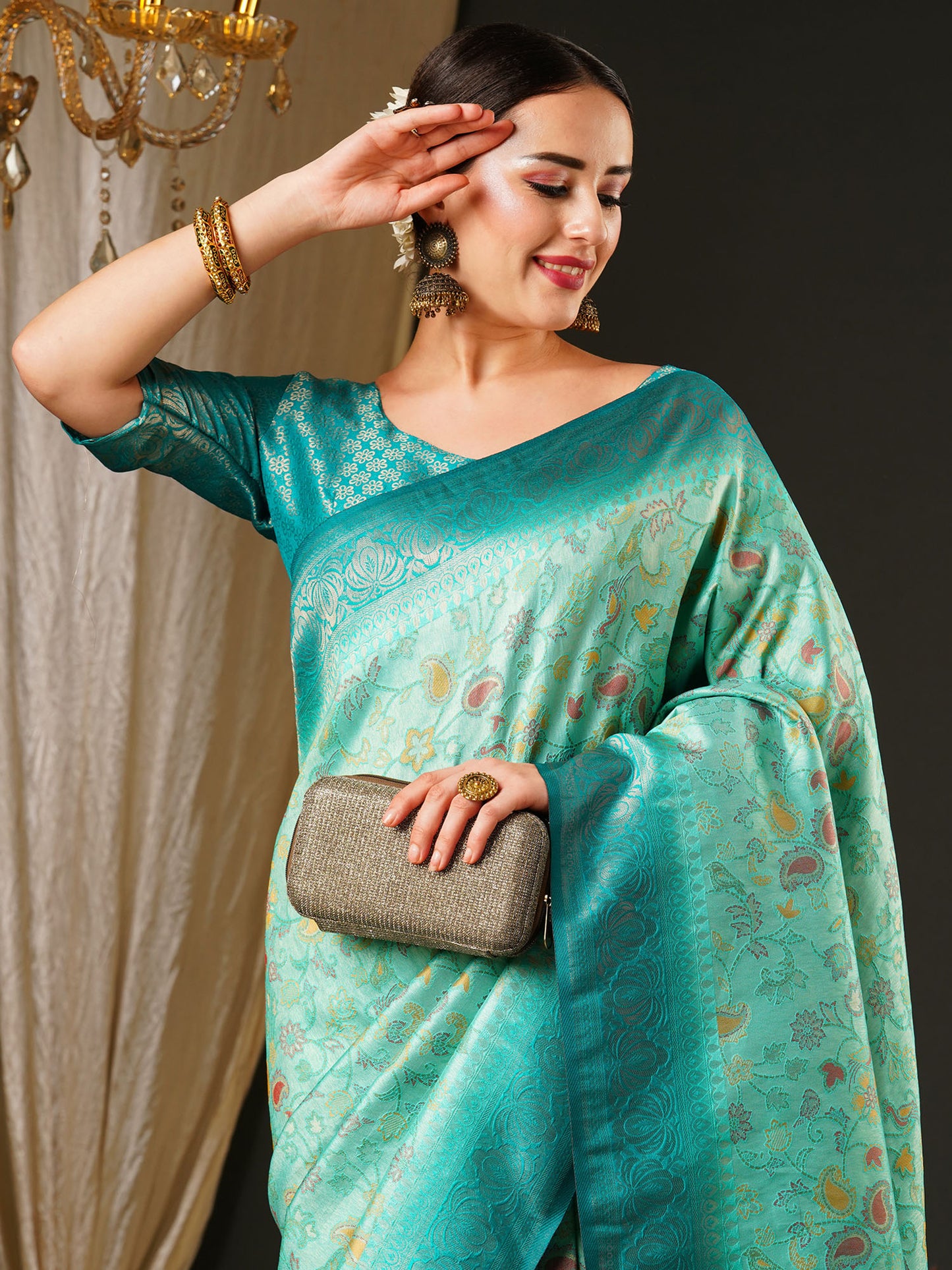 Women's Kanjeevaram Silk Blue Woven Design Celebrity Saree With Blouse Piece