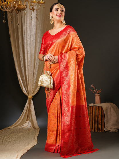 Women's Kanjeevaram Silk Peach Woven Design Celebrity Saree With Blouse Piece