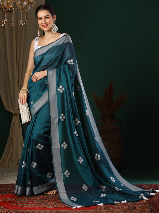 Women's Art Silk Teal blue Embroidered Designer Saree With Blouse Piece