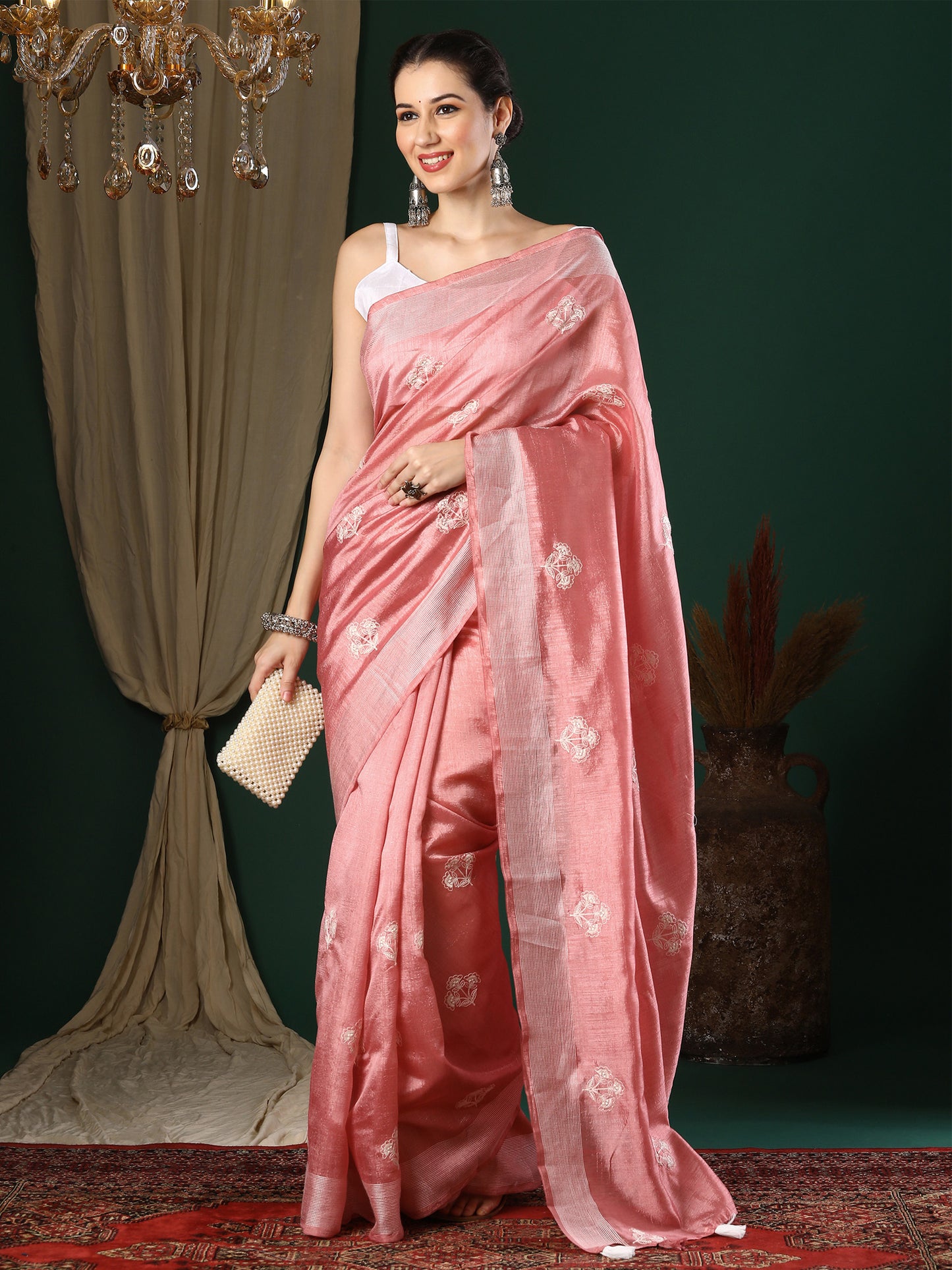 Women's Art Silk Peach Embroidered Designer Saree With Blouse Piece