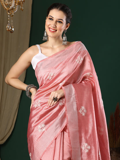 Women's Art Silk Peach Embroidered Designer Saree With Blouse Piece