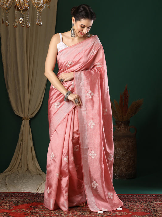 Women's Art Silk Peach Embroidered Designer Saree With Blouse Piece