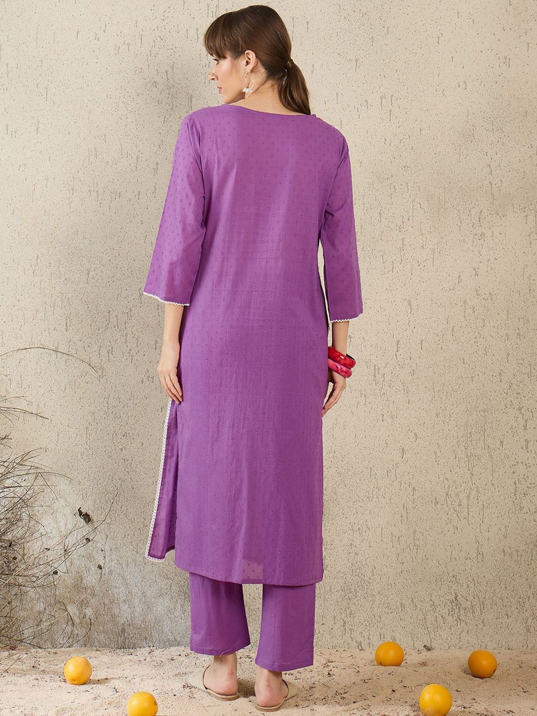 Dhiyona IE Women Embroidered V-Neck Cotton Top and Trousers Co-Ords