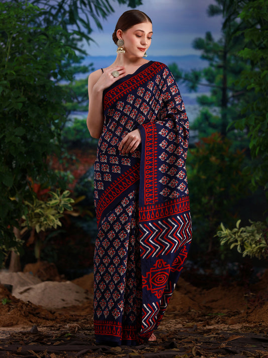 Women's Bhagalpuri Silk Navy Blue Printed Designer Saree With Blouse Piece