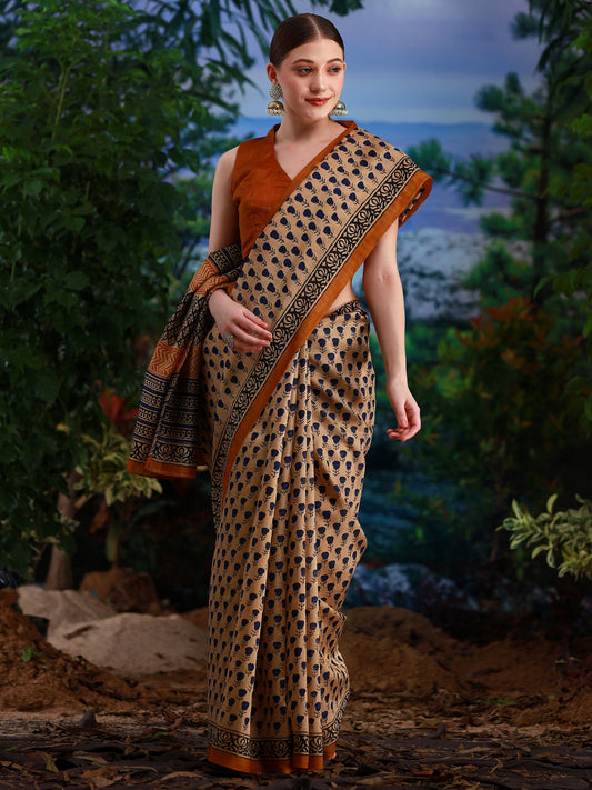 Women's Bhagalpuri Silk Cream Printed Designer Saree With Blouse Piece