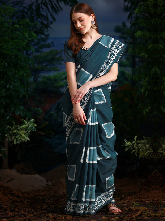 Women's Bhagalpuri Silk Teal blue Printed Designer Saree With Blouse Piece