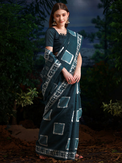 Women's Bhagalpuri Silk Teal blue Printed Designer Saree With Blouse Piece