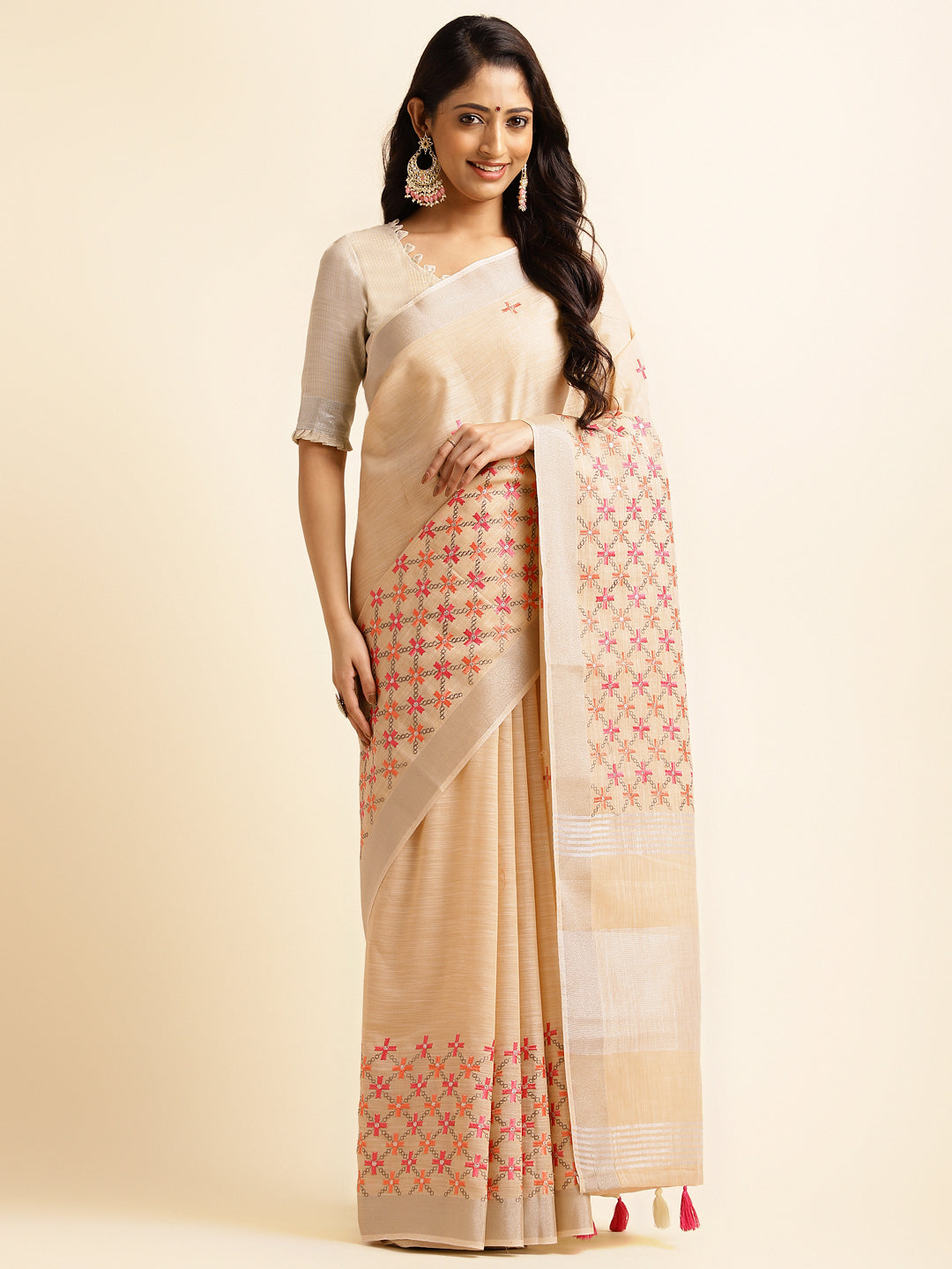 Dhiyona GR Women's CT Beige Cotton Linen Silk Embroidered Saree