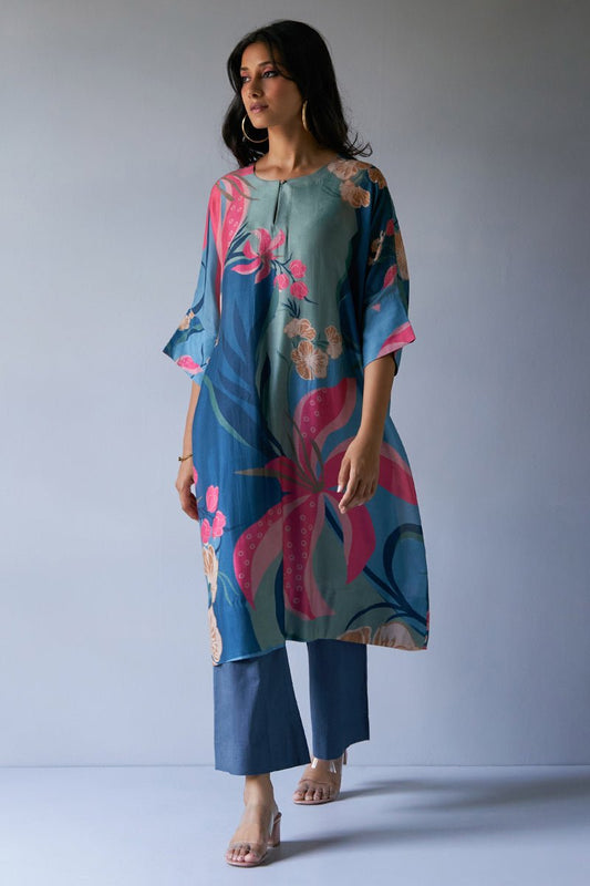 Women's Midnight Blue, Pink and Pistachio Mix Colour Bemberg Silk Printed Co-ord Set